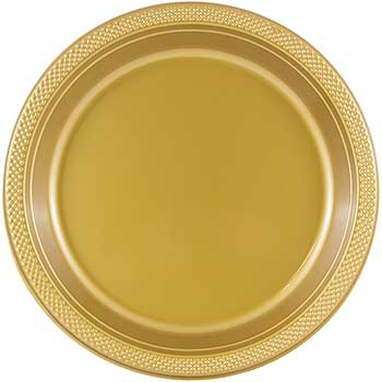 JAM Paper Party Plates, Round, Plastic, Medium, 9&quot;, Gold, 200/PK