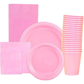 JAM Paper Party Supply Assortment, (Plates, Napkins, Cups, Tablecloths), Baby Pink, 160 Pieces/Pack
