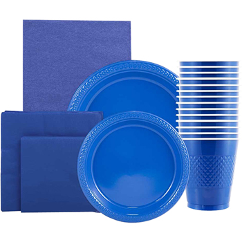 JAM Paper Party Supply Assortment, (Plates, Napkins, Cups, Tablecloths), Blue, 160 Pieces/Pack