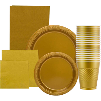 JAM Paper Party Supply Assortment, (Plates, Napkins, Cups, Tablecloths), Gold, 160 Pieces/Pack