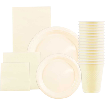 JAM Paper Party Supply Assortment, (Plates, Napkins, Cups, Tablecloths), Ivory, 160 Pieces/Pack