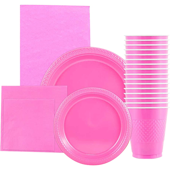 JAM Paper Party Supply Assortment, (Plates, Napkins, Cups, Tablecloths), Fuchsia Pink, 160 Pieces/Pack