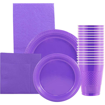 JAM Paper Party Supply Assortment, (Plates, Napkins, Cups, Tablecloths), Purple, 160 Pieces/Pack