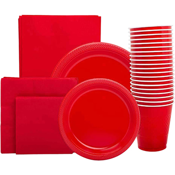 JAM Paper Party Supply Assortment Pack - Red - Plates (2 Sizes), Napkins (2 Sizes), Cups (1 pack) &amp; Tablecloth (1 pack) - 6/pack