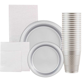 JAM Paper Party Supply Assortment, (Plates, Napkins, Cups, Tablecloths), Silver, 160 Pieces/Pack