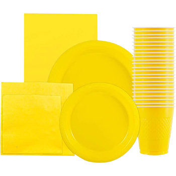 JAM Paper Party Supply Assortment, (Plates, Napkins, Cups, Tablecloths), Yellow, 160 Pieces/Pack
