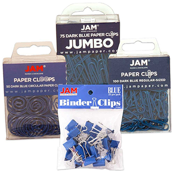 JAM Paper Office Clip Assortment, Blue, Binder Clips, Round Paper Cloops and Paper Clips (Regular &amp; Jumbo), 4/PK