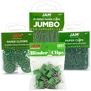 JAM Paper Office Clip Assortment, Green, Binder Clips, Round Paper Cloops and Paper Clips (Regular &amp; Jumbo), 4/PK
