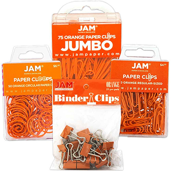 JAM Paper Office Clip Assortment, Orange, Binder Clips, Round Paper Cloops and Paper Clips (Regular &amp; Jumbo), 4/PK
