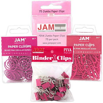 JAM Paper Office Clip Assortment, Pink, Binder Clips, Round Paper Cloops and Paper Clips (Regular &amp; Jumbo), 4/PK