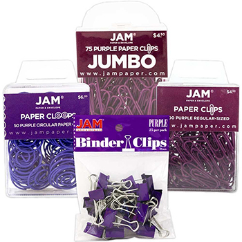 JAM Paper Office Clip Assortment, Purple, Binder Clips, Round Paper Cloops and Paper Clips (Regular &amp; Jumbo), 4/PK