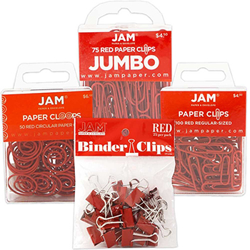 JAM Paper Office Clip Assortment, Red, Binder Clips, Round Paper Cloops and Paper Clips (Regular &amp; Jumbo), 4/PK