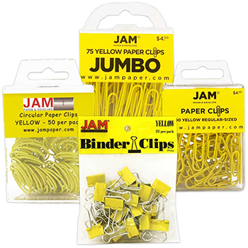 JAM Paper Office Clip Assortment, Yellow, Binder Clips, Round Paper Cloops and Paper Clips (Regular &amp; Jumbo), 4/PK