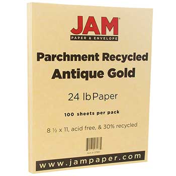 JAM Paper Recycled Parchment Paper, 24 lb, 8.5&quot; x 11&quot;, Antique Gold, 100 Sheets/Pack