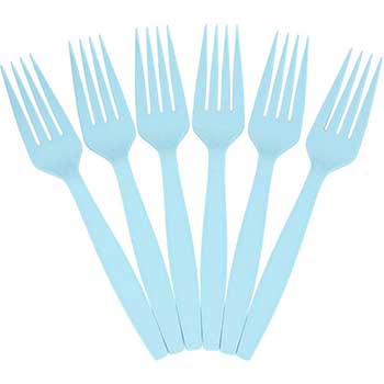 JAM Paper Big Party Pack of Premium Utensils, Disposable Plastic Forks, Aqua/Light Blue, 100/PK