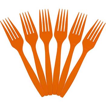 JAM Paper Big Party Pack of Premium Utensils, Disposable Plastic Forks, Orange, 100/PK
