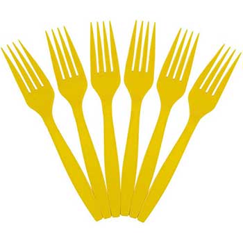 JAM Paper Big Party Pack of Forks, Plastic, Yellow, 100 Fork/Pack
