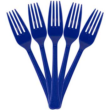 JAM Paper Premium Utensils Party Pack of Forks, Mediumweight, Plastic, 7&quot; L, Royal Blue, 48 Forks/Pack
