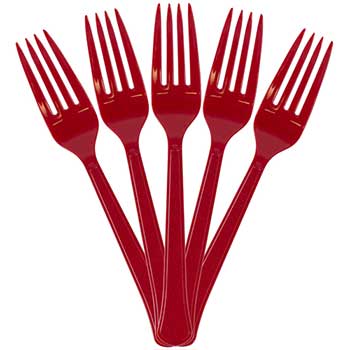 JAM Paper Premium Utensils Party Pack of Forks, Plastic, 7&quot; L, Red, 48 Forks/Pack
