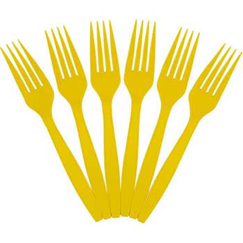 JAM Paper Premium Cutlery Forks Party Pack, Heavy Weight, Plastic, 7&quot; L, Yellow, 48 Forks/Pack