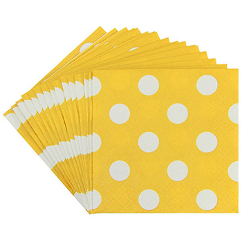 JAM Paper Beverage Napkins, 5&quot; x 5&quot;, Yellow with Polka Dots, 48/PK