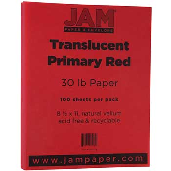 JAM Paper Translucent Vellum Paper, 30 lb, 8.5&quot; x 11&quot;, Primary Red, 100 Sheets/Pack