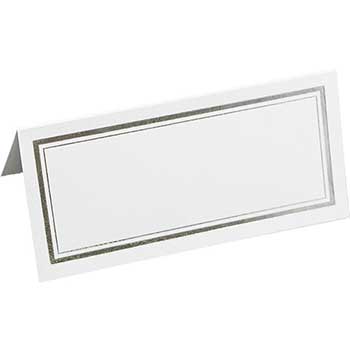 JAM Paper Fold Over Table Place Cards, 11&quot; x 4.25&quot;, White with Silver Double Border, 100 Cards/Pack