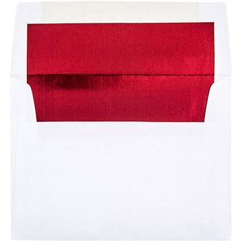 JAM Paper Foil Lined Booklet Invitation Envelope, A6 (4 3/4&quot; x 6 1/2&quot;) White with Red Lining, 25/PK