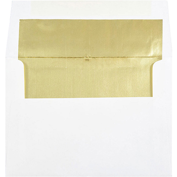 JAM Paper Foil Lined Booklet Invitation Envelope, A7 (5 1/4&quot; x 7 1/4&quot;) White with Gold Lining, 25/PK
