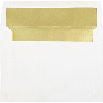 JAM Paper Foil Lined Booklet Envelope, 6&quot; x 8&quot;, White with Gold Lining, 25/PK