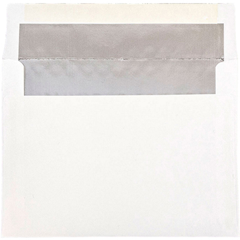 JAM Paper Foil Lined Booklet Invitation Envelope, A7 (5 1/4&quot; x 7 1/4&quot;) White with Silver Lining, 25/PK