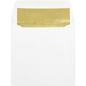 JAM Paper Foil Lined Square Envelope, 6&quot; x 6&quot;, White with Gold Lining, 25/PK