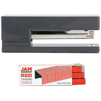 JAM Paper Office &amp; Desk Sets, 1 Grey Stapler &amp; 1 Pack of Red Staples, 2/PK