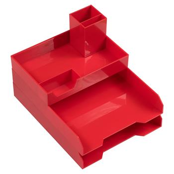 JAM Paper Stackable Desktop Trays, Red, 1 Top Tray, 2 Letter Trays, &amp; 1 Pen Holder/PK