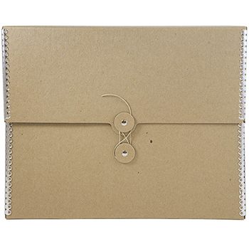 JAM Paper Kraft Portfolio with Button and String Tie Closure, 9 1/2&quot; x 12&quot; x 2 3/4&quot;, Brown with Metal Edge