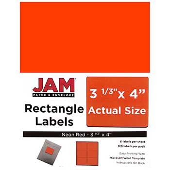 JAM Paper Shipping Address Labels, Large, 3 1/3&quot; x 4&quot;, Neon Fluorescent Red, 120 Labels