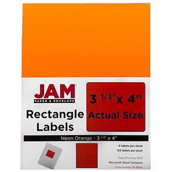 JAM Paper Shipping Address Labels, Large, 3 1/3&quot; x 4&quot;, Neon Fluorescent Orange, 120 Labels