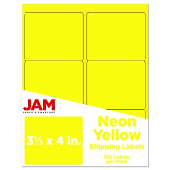 JAM Paper Shipping Address Labels, Large, 3 1/3&quot; x 4&quot;, Neon Fluorescent Yellow, 120 Labels