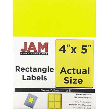 JAM Paper Shipping Address Labels, Extra Large, 4&quot; x 5&quot;, Neon Yellow, 4 Labels per Page/120 Labels
