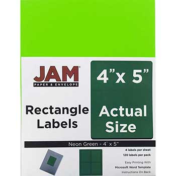 JAM Paper Shipping Address Labels, Extra Large, 4&quot; x 5&quot;, Neon Green, 4 Labels per Page/120 Labels
