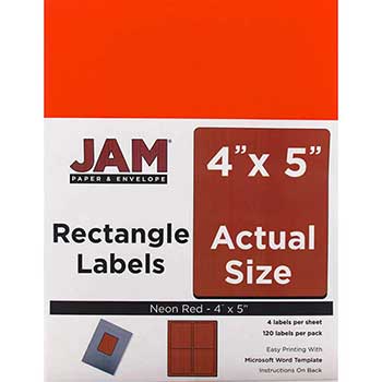JAM Paper Shipping Address Labels, Extra Large, 4&quot; x 5&quot;, Neon Red, 4 Labels per Page/120 Labels
