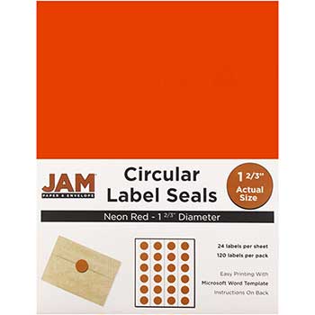JAM Paper Circle Label Sticker Seals, 1 2/3&quot; Diameter, Neon Red, 120 Labels