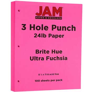 JAM Paper 3-Hole Punched Colored Paper, 24 lb, 8.5&quot; x 11&quot;, Brite Hue Ultra Fuchsia Pink, 100 Sheets/Pack