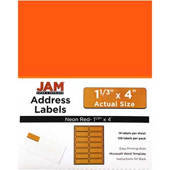 JAM Paper Shipping Address Labels, Rectangular, 1 1/3&quot; x 4&quot;, Neon Red, 126 Labels