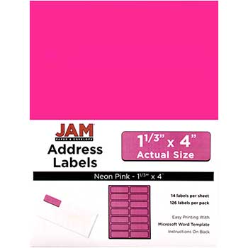 JAM Paper Mailing Address Labels, Rectangular, 1 1/3&quot; x 4&quot;, Neon Pink, 126 Labels