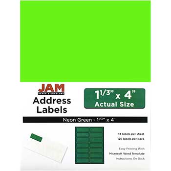 JAM Paper Shipping Address Labels, Rectangular, 1 1/3 x 4, Neon Green, 126 Labels