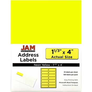 JAM Paper Mailing Address Labels, Rectangular, 1 1/3&quot; x 4&quot;, Neon Yellow, 126 Labels
