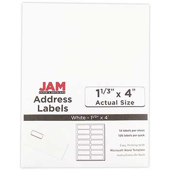 JAM Paper Mailing Address Labels, Rectangular, 1 1/3&quot; x 4&quot;, White, 126 Labels