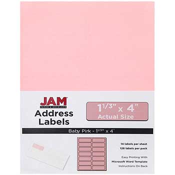 JAM Paper Shipping Address Labels, Rectangular, 1 1/3 x 4, Baby Pink, 126 Labels