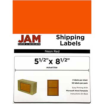 JAM Paper Shipping Labels, Half Page, 5 1/2&quot; x 8 1/2&quot; , Neon Red, 50 Labels